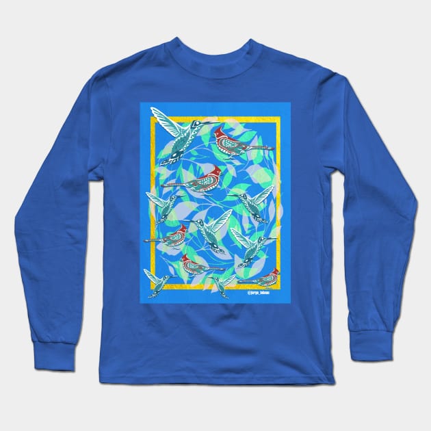 hummingbirds and blue cardinals in lovely wallpaper ecopop Long Sleeve T-Shirt by jorge_lebeau